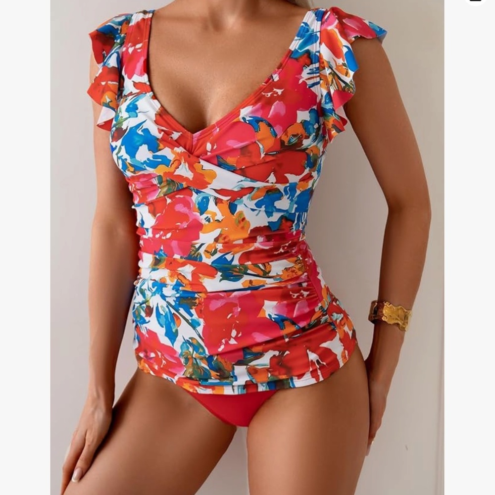 NWT Aidonger Floral Ruffle V-Neck Swim Tankin size Medium, ruching tummy control